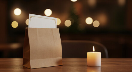 Kraft bag with reserved card and candlelight, festive holiday dining ambiance