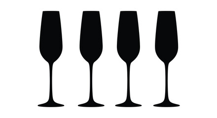 Four tall elegant black champagne flutes silhouettes isolated on vector