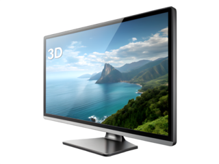 Modern computer monitor displaying a beautiful coastal landscape with mountains