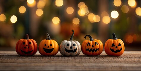 Five Spooky Halloween Jack-o-Lanterns Lined Up on Wooden Surface with Bokeh Lights.