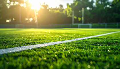 Obraz premium Lush green grass field with white line and golden sun rays soccer field football field