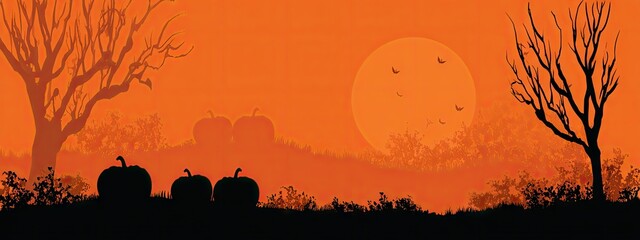 Spooky Halloween night landscape with pumpkins and a full moon.