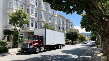 A vibrant red semi-truck is parked in front of a vintage white house, revealing clear blue skies and bright sunshine