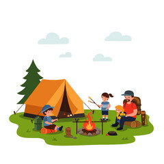 Fototapeta premium A family enjoys a camping trip, roasting marshmallows around a campfire near their orange tent in a grassy outdoor setting.