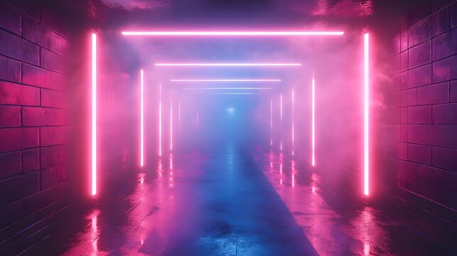 A long corridor glows with a surreal and inviting luminescence created by vibrant pink and blue neon lights, enhanced by a soft, hazy fog effect throughout.