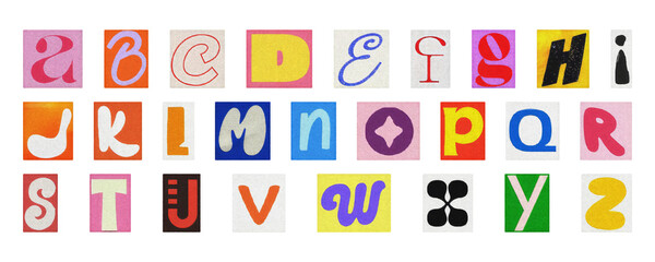 Complete alphabet PNG collage set, colorful isolated letters for design