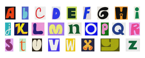 Complete alphabet PNG collage set, colorful isolated letters for design