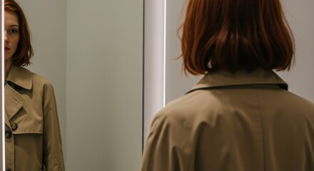 A woman is trying on a coat in the fitting room.