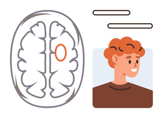 Brain cross-section highlighting a specific region paired with a smiling person in profile. Ideal for neuroscience, health, psychology, anatomy, neurology, education, mental well-being. Simple flat