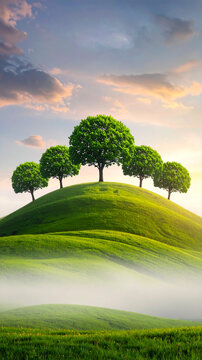 Lush green trees on rolling hills under a pastel sky clouds