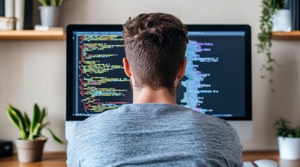 Software developer engrossed in coding at his cozy home office workspace