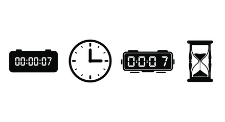 Four distinct timekeeping devices including digital clocks and hourglass showing elapsed time vector