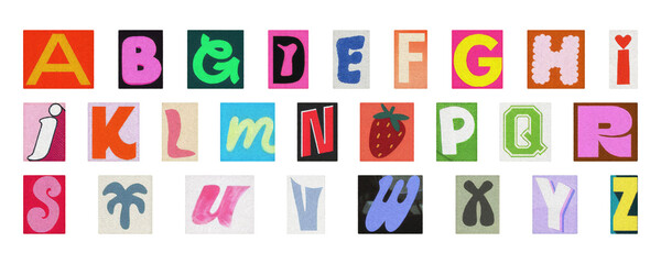 Artistic alphabet PNG set, colorful isolated collage letters for creative design
