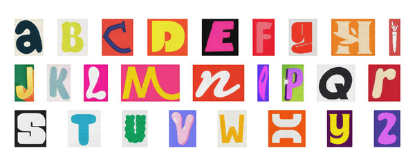 Artistic alphabet PNG set, colorful isolated collage letters for creative design