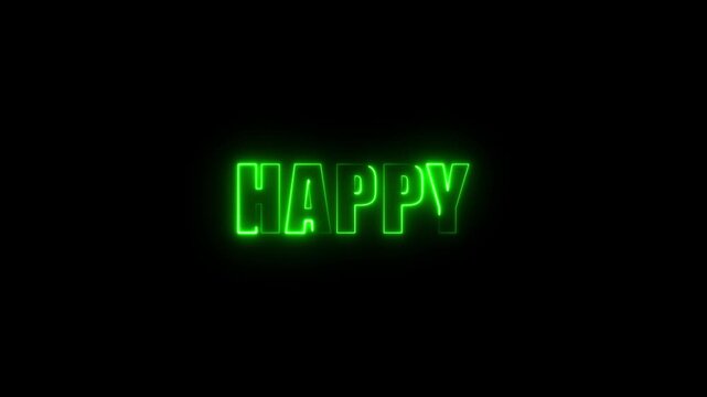 Bright green neon word HAPY centered on a black background with a luminous glow happy text