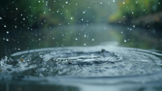 The gentle and calming sound of rainfall splashing softly on the surface of still water