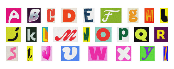 Artistic alphabet PNG set, colorful isolated collage letters for creative design
