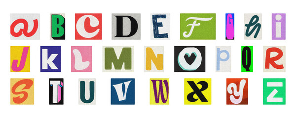 Artistic alphabet PNG set, colorful isolated collage letters for creative design