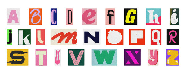 Artistic alphabet PNG set, colorful isolated collage letters for creative design