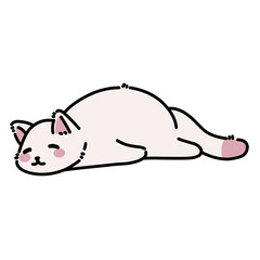 A cute cartoon white cat is sleeping peacefully. Minimalist cartoon cat icon mascot illustration.