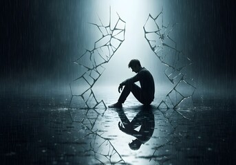 Man Sitting Amidst Broken Glass in the Rain A Depiction of Emotional Pain and Shattered Hope