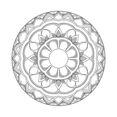 Intricate Circular Mandala Design:  A Symmetrical Black and White Line Art Illustration for Coloring Books and Decorative Purposes