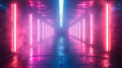 A mesmerizing corridor illuminated by vibrant pink and blue neon lights creates a futuristic and immersive tunnel atmosphere, perfect for sci-fi backgrounds.