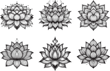 Lotus Flower Vector Set &ndash; Hand Drawn Mandala Style Floral Illustrations, Black and White Decorative Lotus Bundle