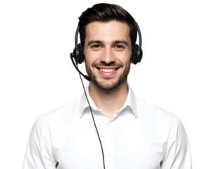 Smiling man wearing headset, isolated on a transparent background, PNG