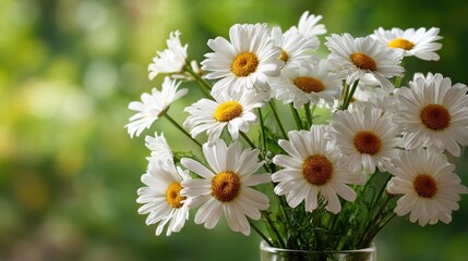Obraz premium A bouquet of white daisy-like flowers with yellow centers in a transparent glass vase,