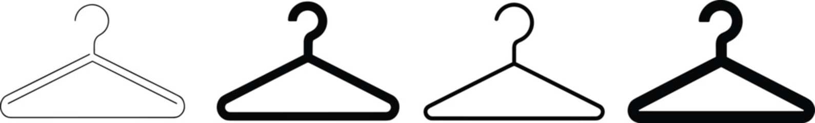 Clothes hanger icon set, fashion hanger illustration, wardrobe symbol, clothing store element, laundry hanger vector, minimalist black hanger design