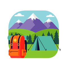 A colorful cartoon illustration of a camping scene featuring a tent, backpack, mountains, trees, and clouds in a bright, stylized design.