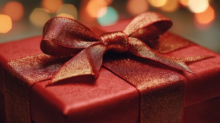 An elegantly wrapped rectangular gift box with vertical ribbons and a large decorative bow in rich reds and gold accents