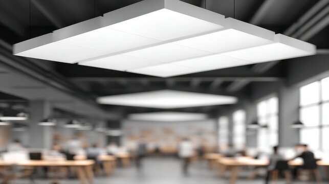 Medium shot on clear acoustic panels mounted in an openplan area featuring efficient sound absorption with sharp panel detail contrasted by blurred background activity.