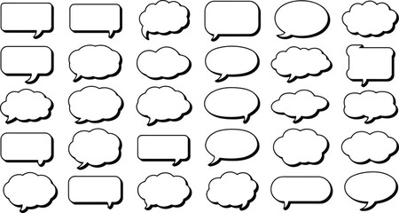 Speech bubble icon set, comic dialogue balloon, chat message symbol, conversation vector design, communication icon, thought bubble illustration