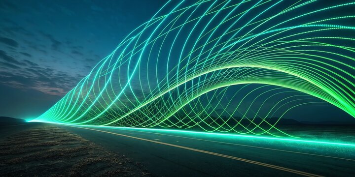 Futuristic abstract background with glowing green and blue light trails and digital patterns representing data flow - Powered by Adobe