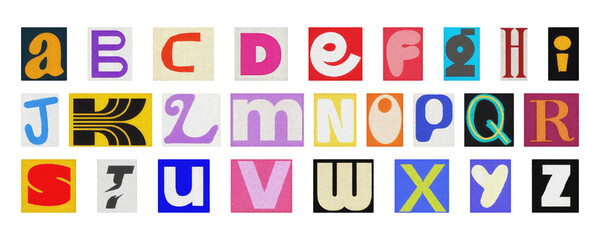 Modern typography alphabet set, creative collage letters PNG transparent