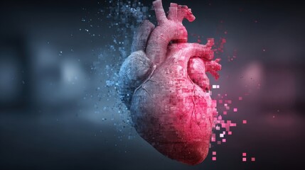 A digital rendering of a human heart with pixelated effects,