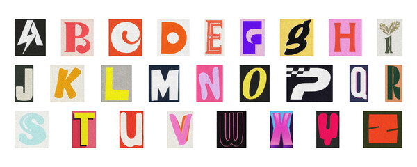 Modern typography alphabet set, creative collage letters PNG transparent