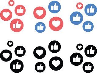 Social media like and love icons, thumbs up reaction, digital engagement symbols, communication emoji, vector flat set for marketing design