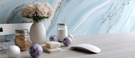 Stylish workspace with an iMac, unique spiral wall design, and elegant desk accessories, creating a minimalist and immersive environment