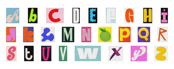 Modern typography alphabet set, creative collage letters PNG transparent