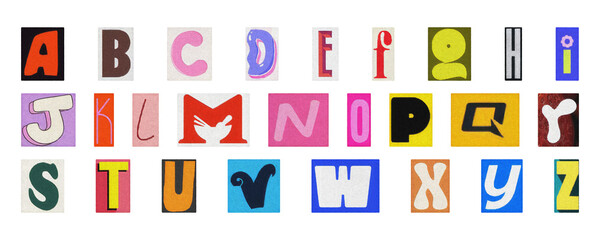 Modern typography alphabet set, creative collage letters PNG transparent