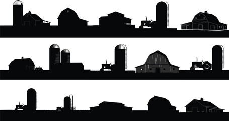 Farm silhouette landscape with barns, silos, tractors, agricultural buildings, rural farming scene, farm equipment, countryside silhouette, farming industry, rural architecture. © Maisa