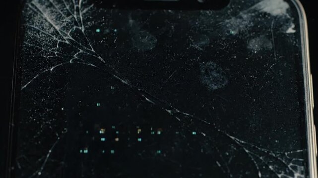 A close up of a broken mobile phone with a shattered glass screen showing fingerprints and smudges needs repair or replacement after an accidental drop