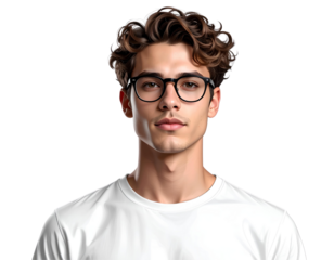 Young man with curly hair and glasses, isolated on a transparent background, PNG