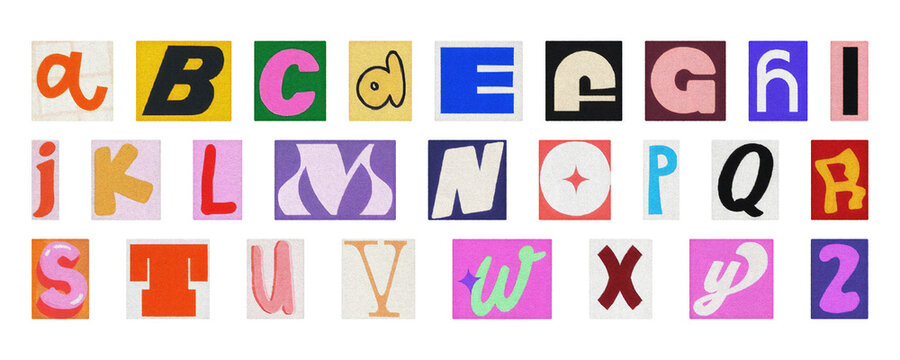 Retro style alphabet collage, colorful cut-out letters PNG transparent
