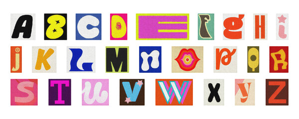 Retro style alphabet collage, colorful cut-out letters PNG transparent