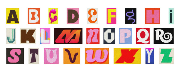 Retro style alphabet collage, colorful cut-out letters PNG transparent