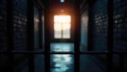 A blurred, out-of-focus image of dark prison bars silhouetted against a bright, harsh light, suggesting confinement and punishment , offense, prison life